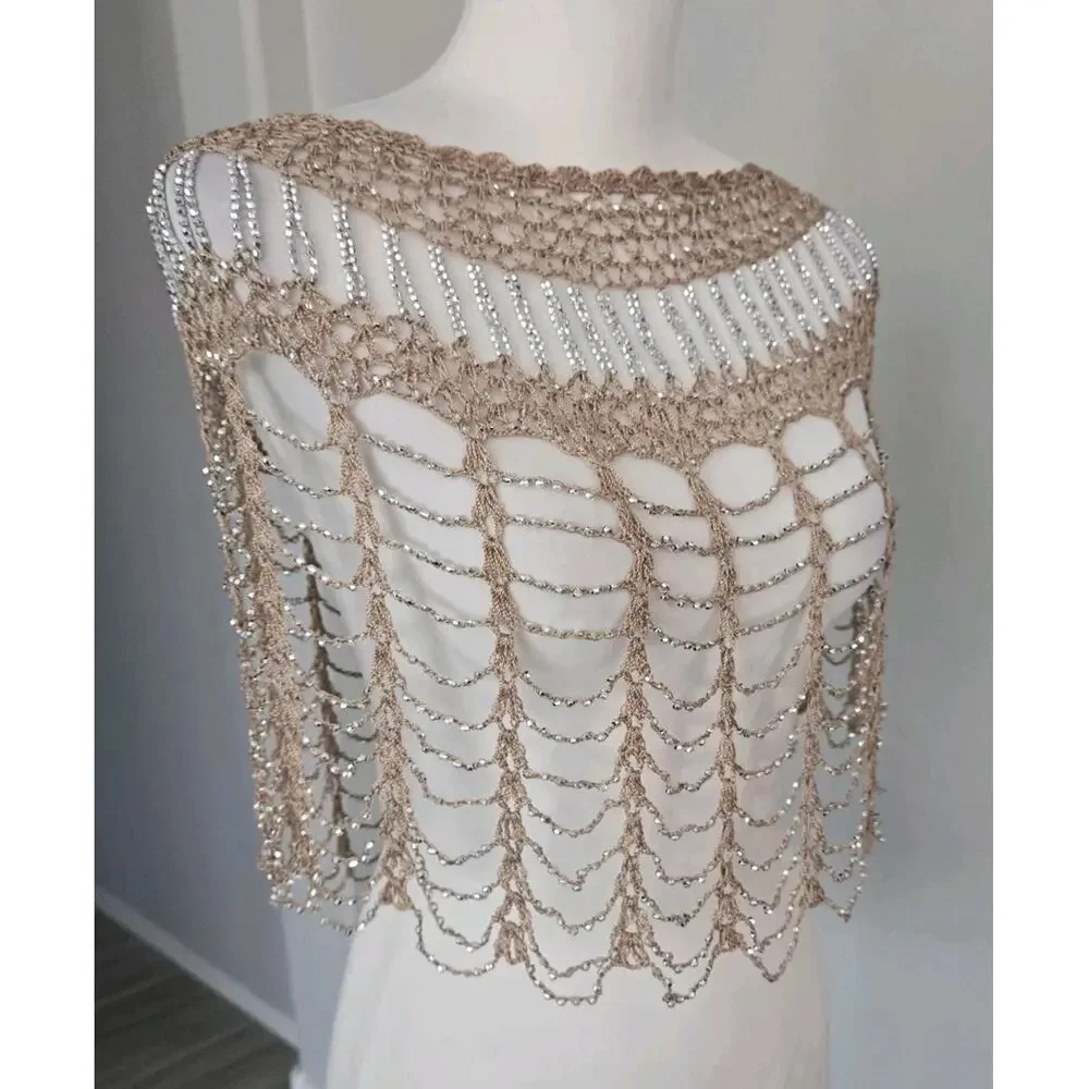 Beaded Crochet Flapper Gatsby Evening Capelet Cape Shawl Tan Silver One Size
